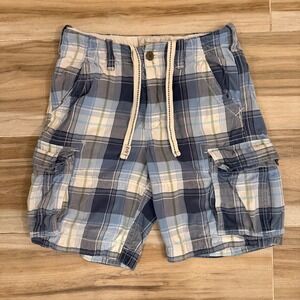Abercrombie & Fitch Mens Blue Plaid Cargo Shorts Size 31 Drawstring Cotton